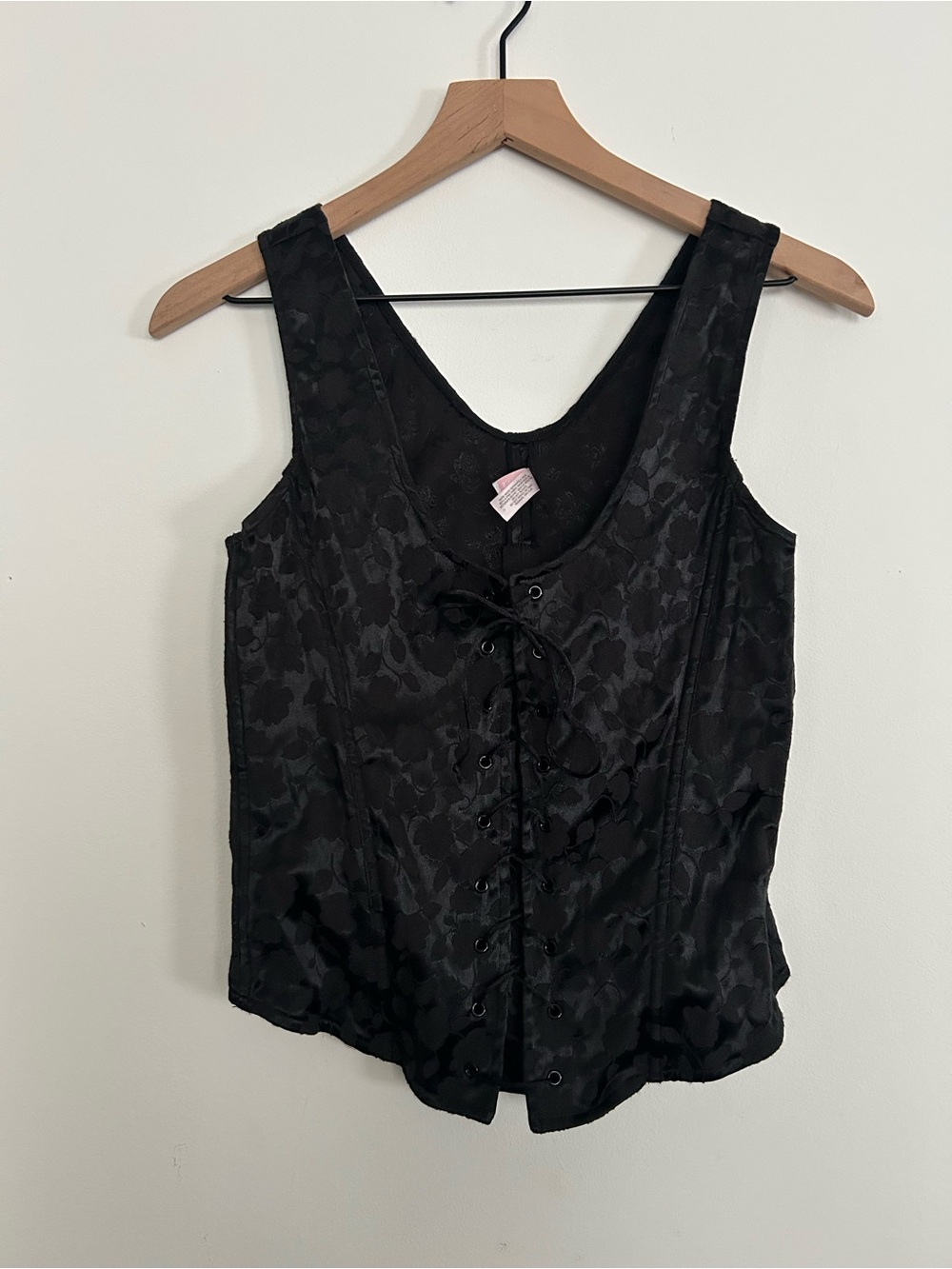 Y2K Victoria’s Secret Silky Satin Black Gothic Lace Up Corset Vintage Cami Top